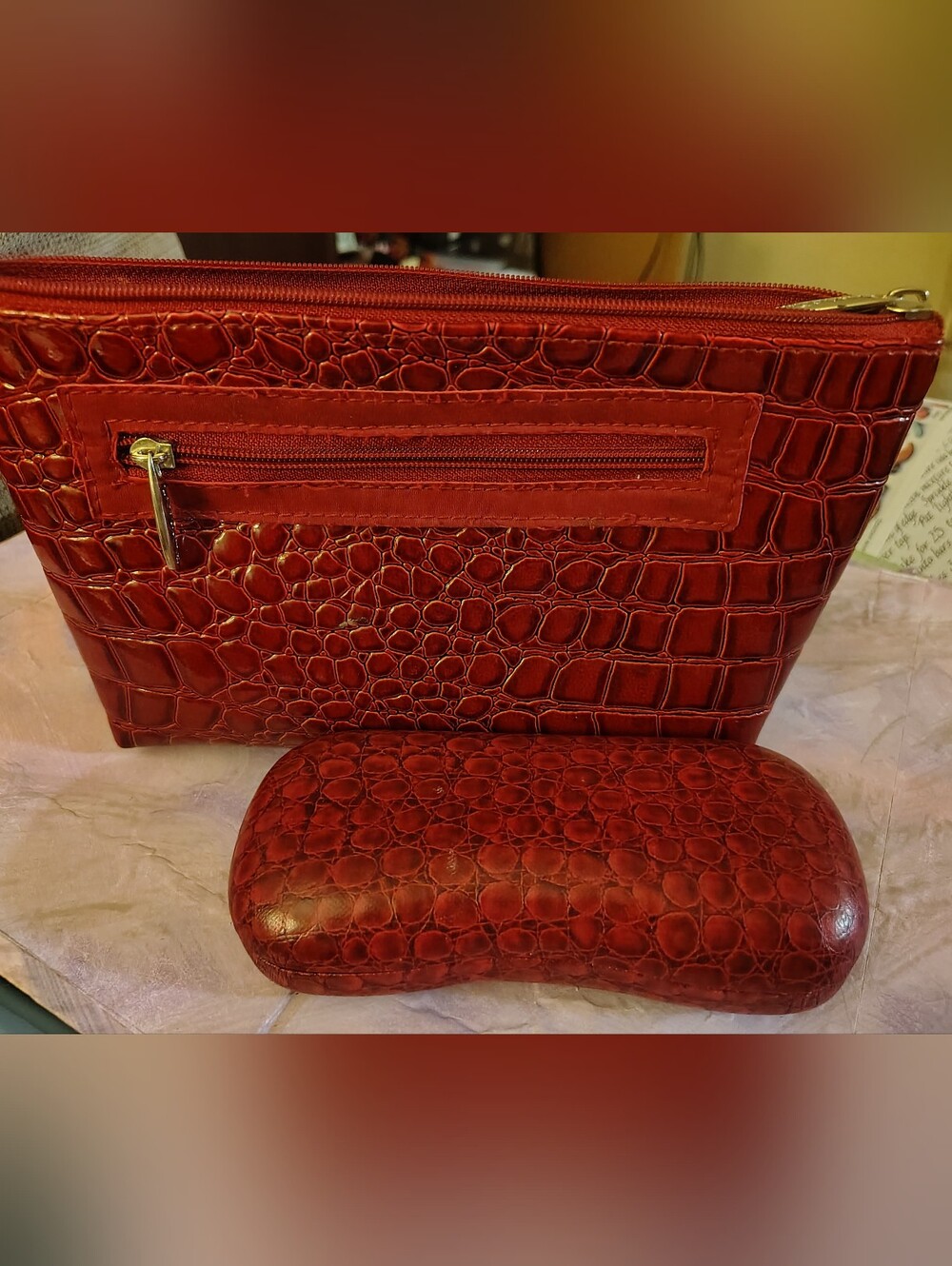 LANCOME BAGS Red Gator Textured Cosmetic Makeup Bag & Coordinating Eyeglass Case